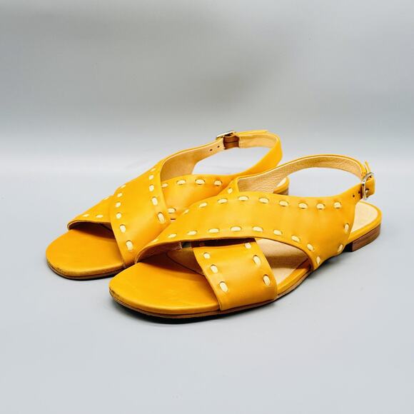 Jack Rogers Sandals Women 8 Yellow Leather Slingback Flat Cross Strap Whipstitch - Picture 4 of 13